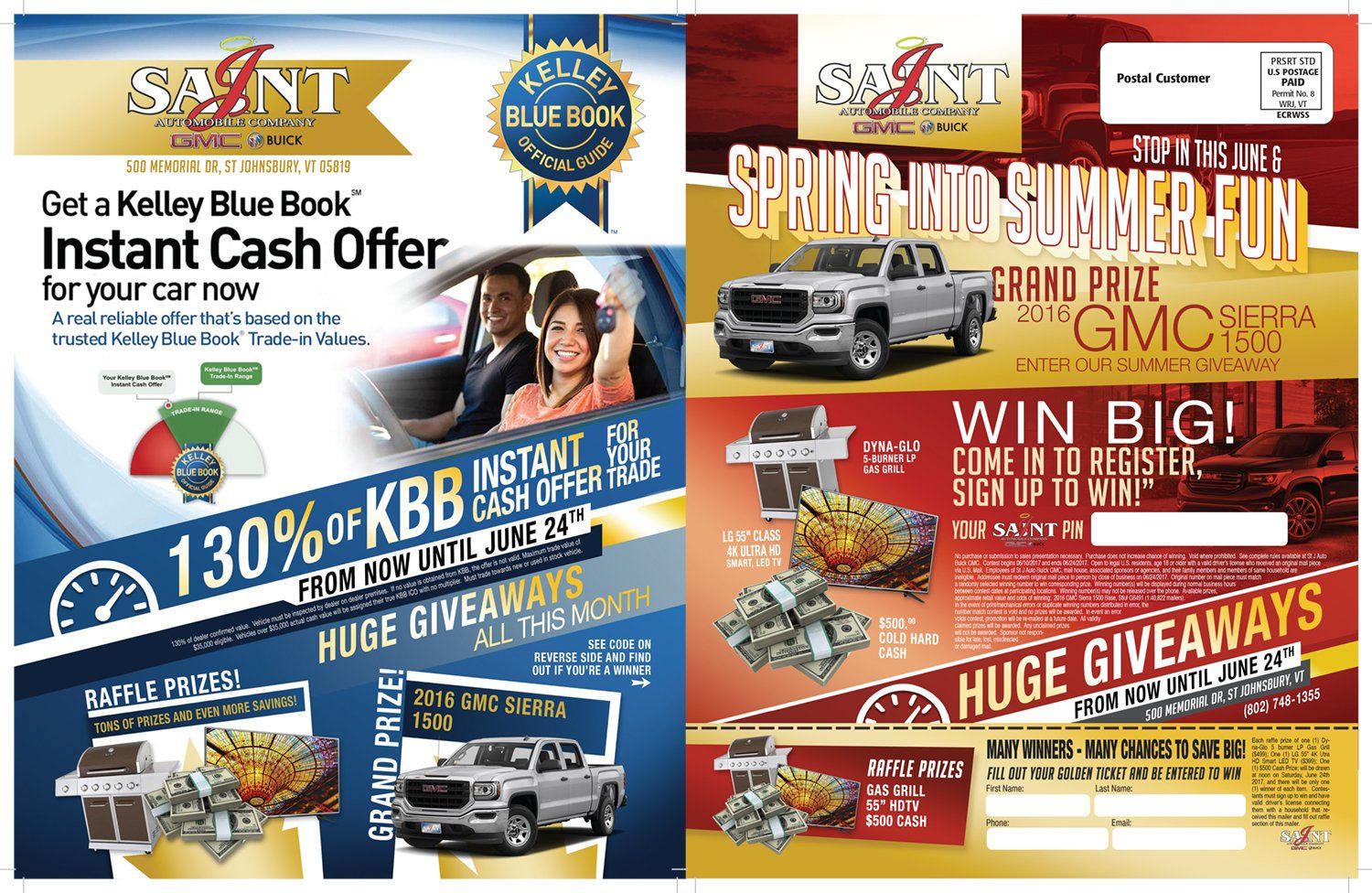 Double-sided flyer for auto sales: cash offer for cars, GMC truck giveaway.