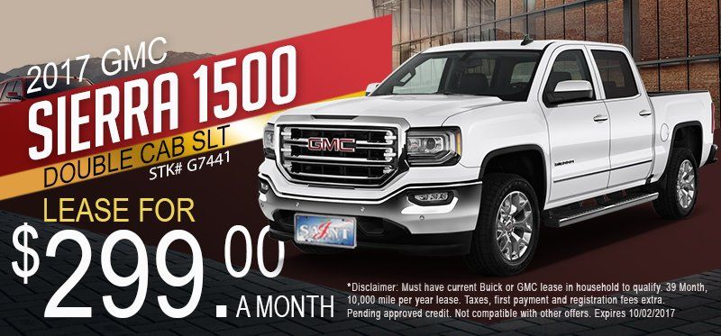 White 2017 GMC Sierra 1500 truck lease ad. $299 a month. Red and gold graphic.