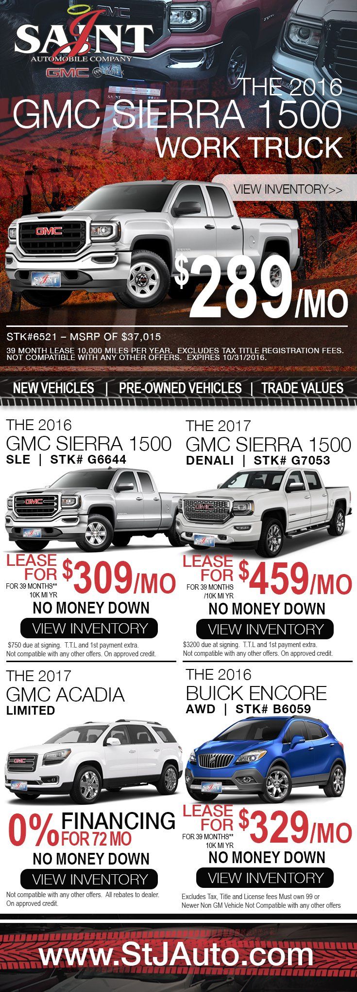 Car advertisement featuring GMC trucks and Buick Envision, with monthly payment deals.