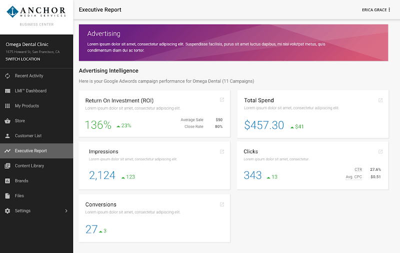 Geodetic Report dashboard with advertising performance metrics.