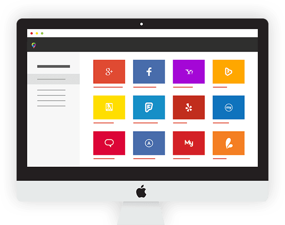 Desktop computer displaying a grid of social media icons: Google+, Facebook, VK, YouTube, others.