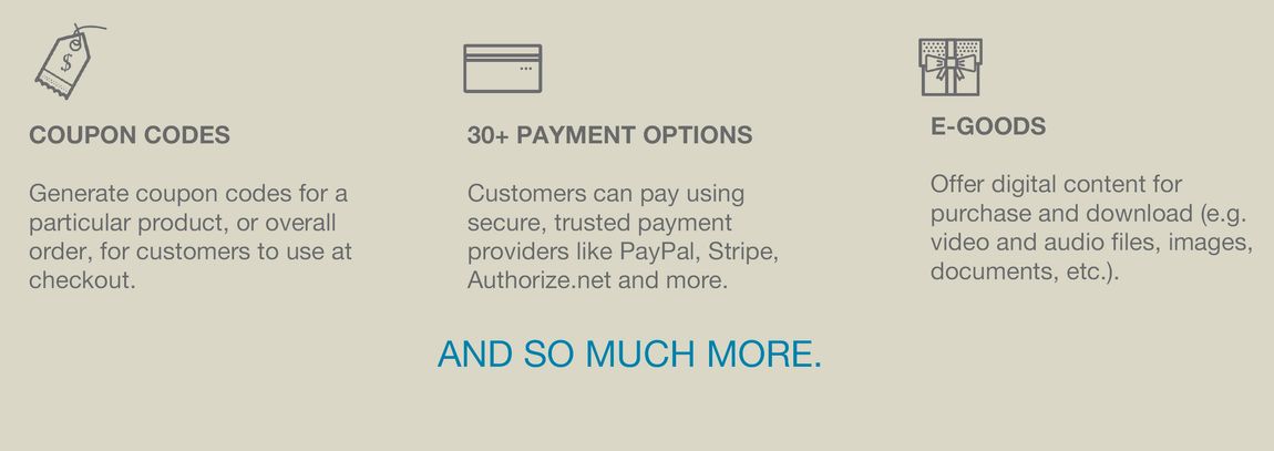 Features: Coupon codes, payment options, and e-goods.