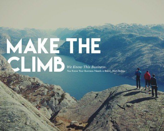 Three people on a mountaintop overlooking a lake. Text reads 