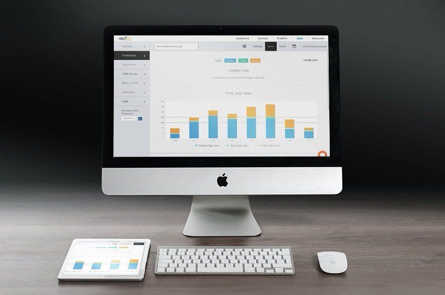 Desktop computer displaying charts and graphs, with tablet, keyboard, and mouse on a wooden desk.