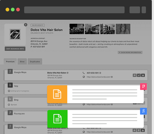 Dolce Vita Hair Salon business profile with Google My Business info displayed and edit icons.