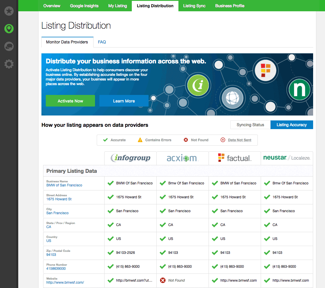Dashboard showing business listing data synced across providers like Infogroup, Acxiom, Factual, and Foursquare.