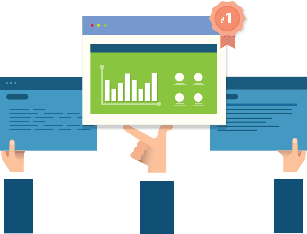 Hands holding website screens, one with a chart and award ribbon, others with text.