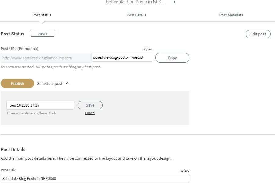 The post status page of a blog post showing when it is scheduled and the link for the page