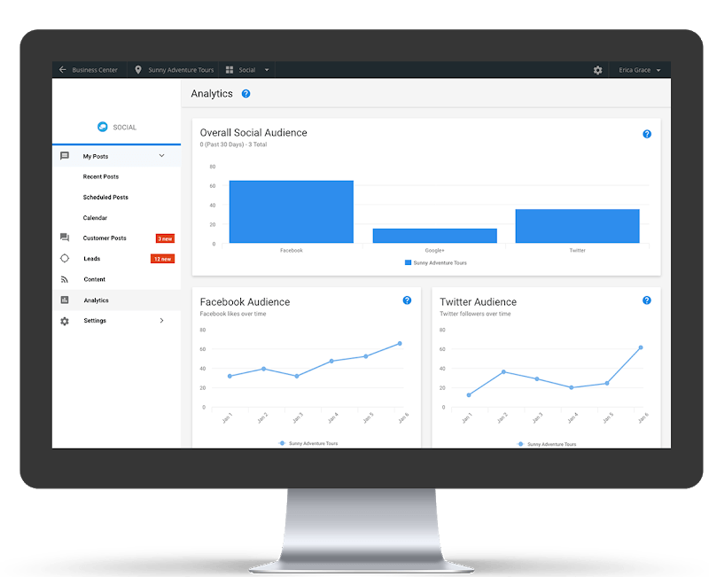 Monitor displaying social media analytics dashboards. Charts show audience data from Facebook and Twitter.