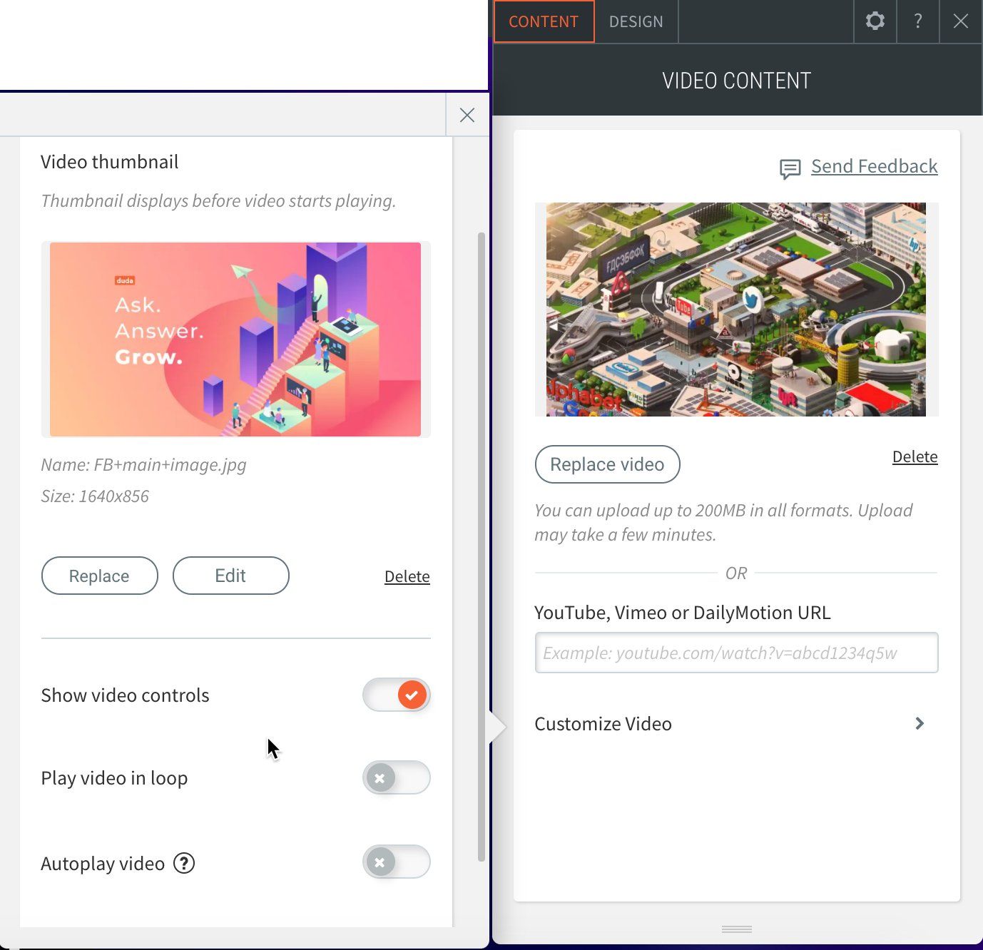 The video widget showing where to add in the link to the video