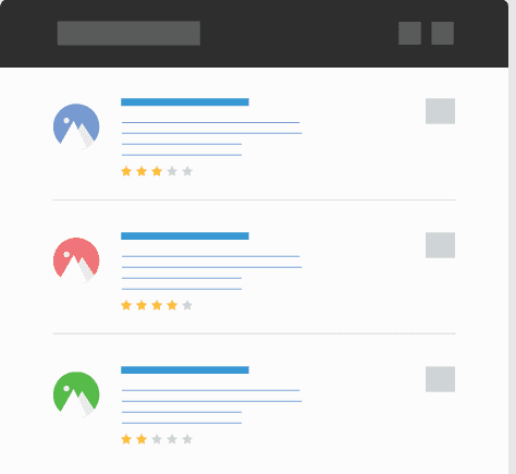 Reviews display, each with an icon, rating stars, and a gray box.