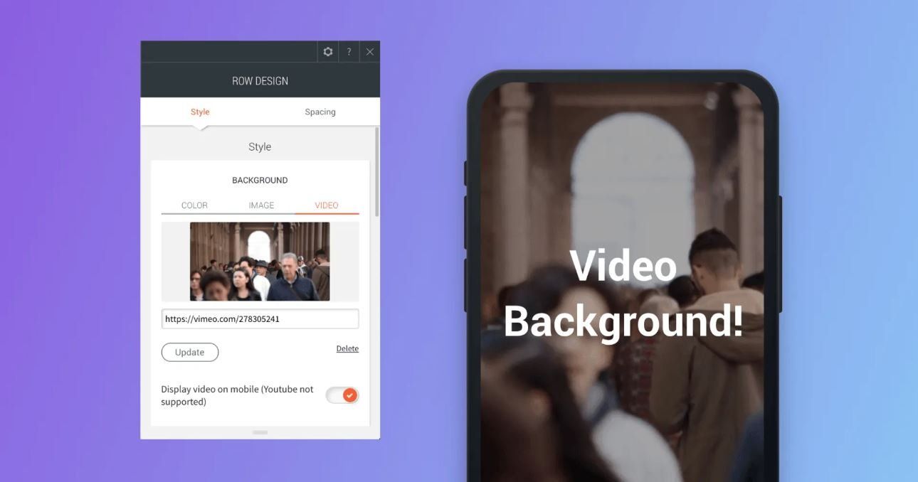Row design box with the video section of background showing where you can enter a link