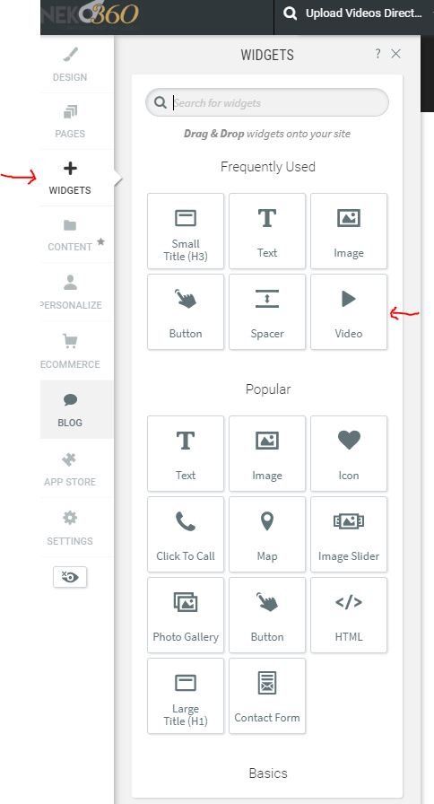 An arrow pointing to the widgets section on the side bar, then an arrow to the video widget