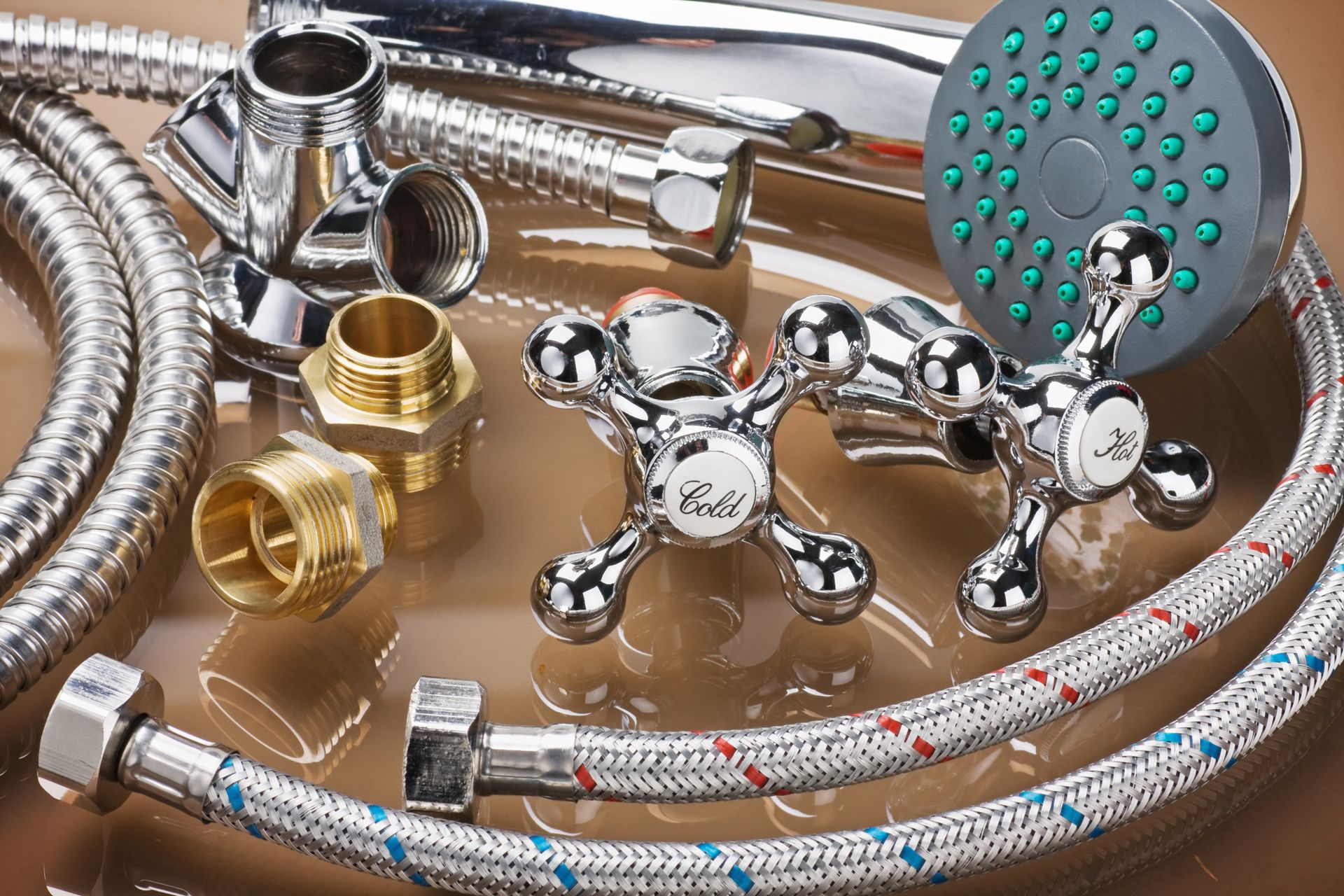 Tap water, plastic pipes for sewerage, connections and clamps