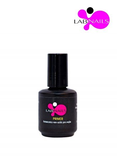Flacone nero di primer LAB NAILS con logo rosa.