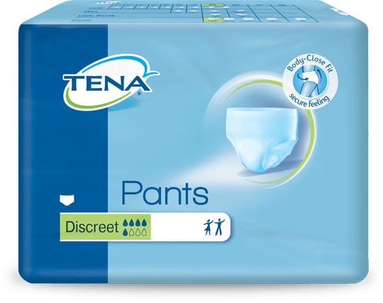 Confezione di TENA Discreet Pants in blu con illustrazione di biancheria intima assorbente.