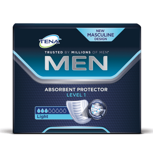 Scatola di assorbenti TENA Men, livello 1, dal design maschile. Presenta una combinazione di colori blu e argento.
