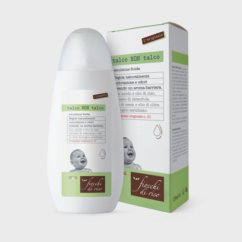 Biberon e scatola per borotalco con grafica e testo per bambini, verde chiaro e bianco.