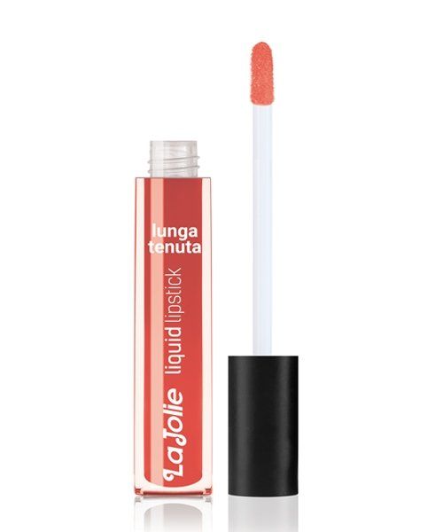 Rossetto liquido color corallo in tubetto trasparente, con applicatore.