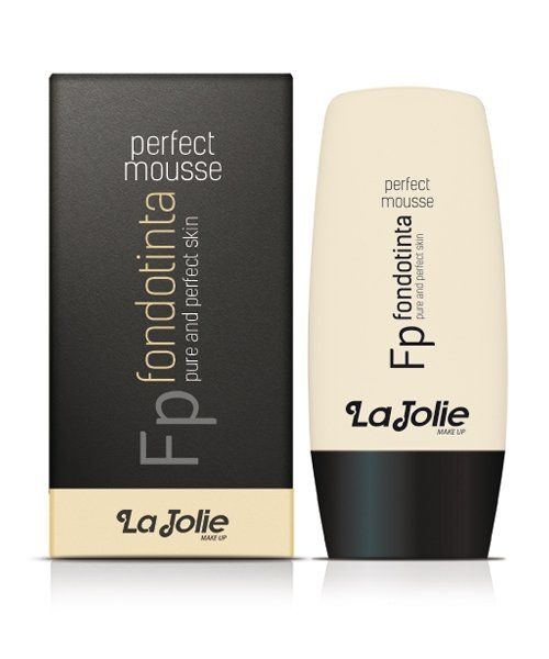 Scatola nera e flacone beige di mousse trucco fondotinta La Jolie Fp.