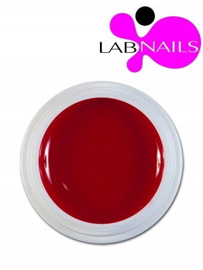Smalto in gel rosso in un contenitore bianco, con il logo