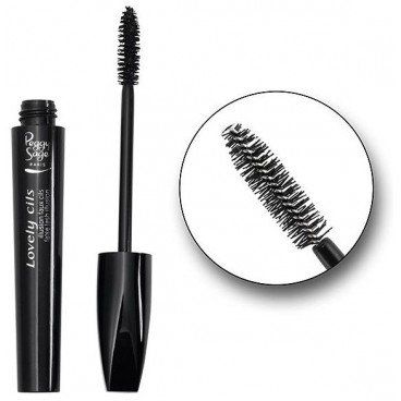 Tubetto di mascara nero con scovolino e primo piano dello scovolino.