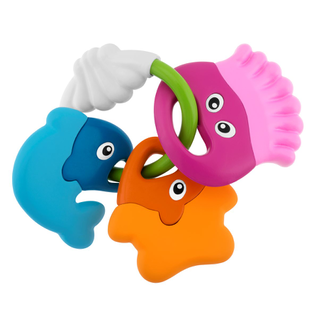 Colorato massaggiagengive a forma di creatura marina, con anello e manico testurizzato.