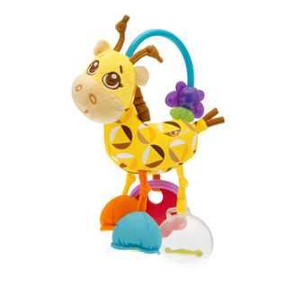 Giocattolo per bambini a forma di giraffa gialla con colorati accessori pendenti.