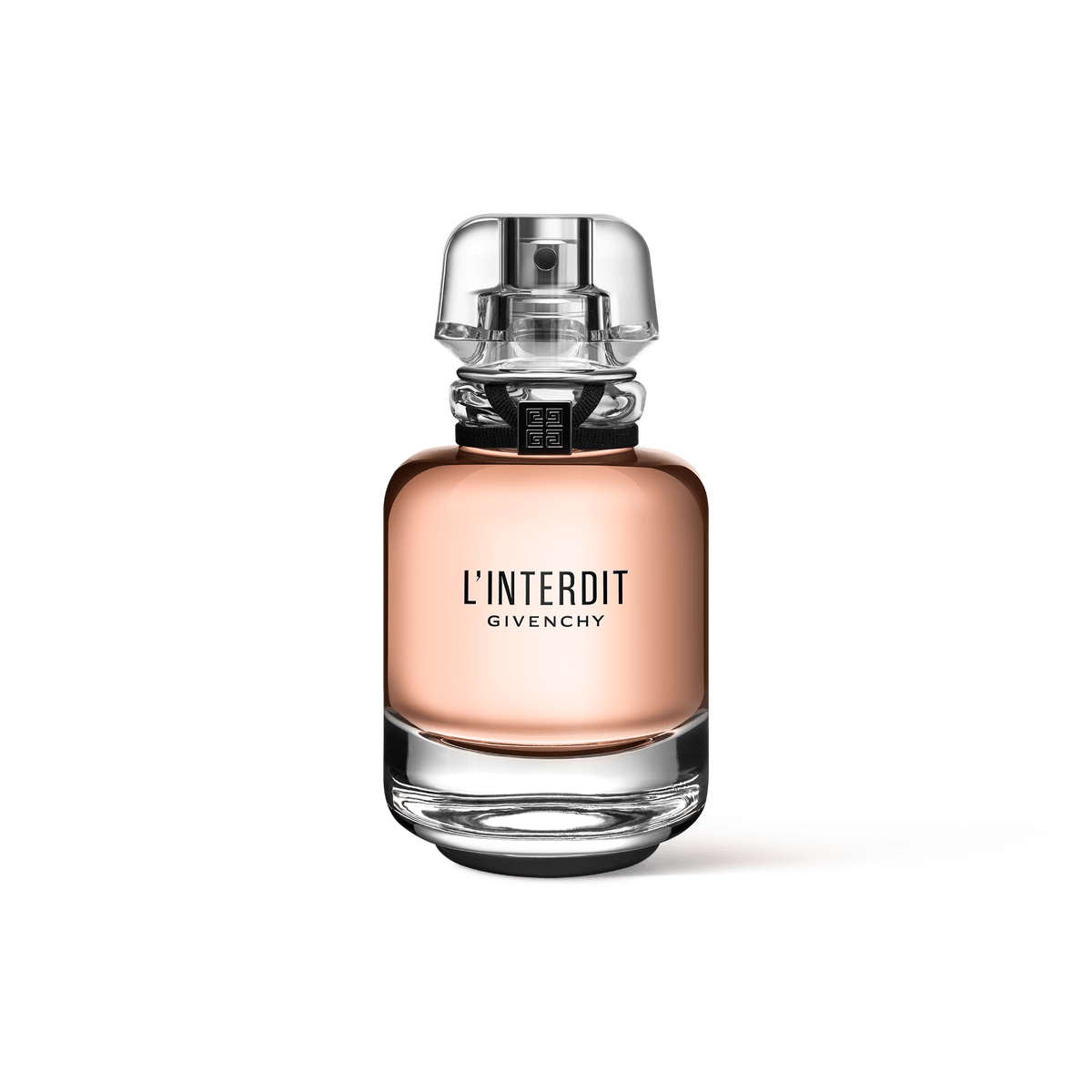 Una bottiglia di profumo Givenchy L'Interdit, con un liquido rosa e un tappo argentato, su uno sfondo bianco.