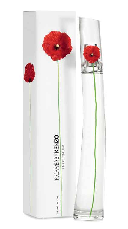 Flacone e scatola di profumo Kenzo Flower con illustrazione di un papavero rosso.