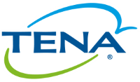 Logo TENA con testo blu e forma curva blu e verde.