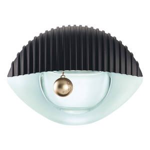 Flacone di profumo color verde acqua con tappo nero a coste e ciondolo dorato.