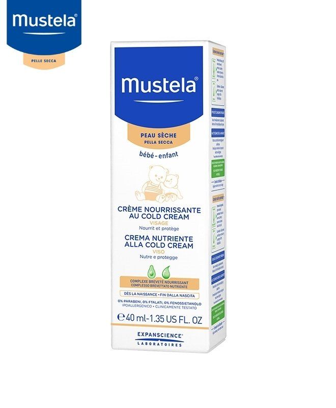 Scatola di crema fredda Mustela per neonati con confezione blu e bianca.