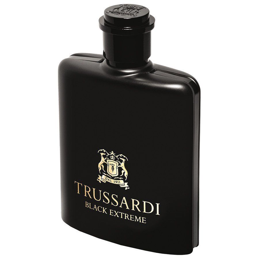 Flacone di profumo Trussardi Black Extreme nero con scritte dorate.