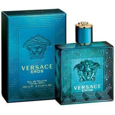 Flacone e scatola di profumo Versace Eros, color verde acqua con logo a forma di testa di Medusa.