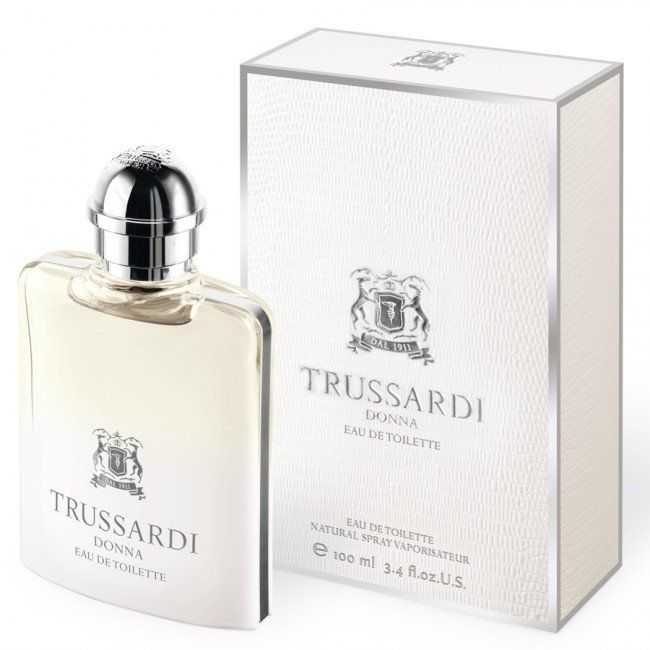 Flacone e scatola del profumo Trussardi Donna Eau De Toilette, design bianco e argento.