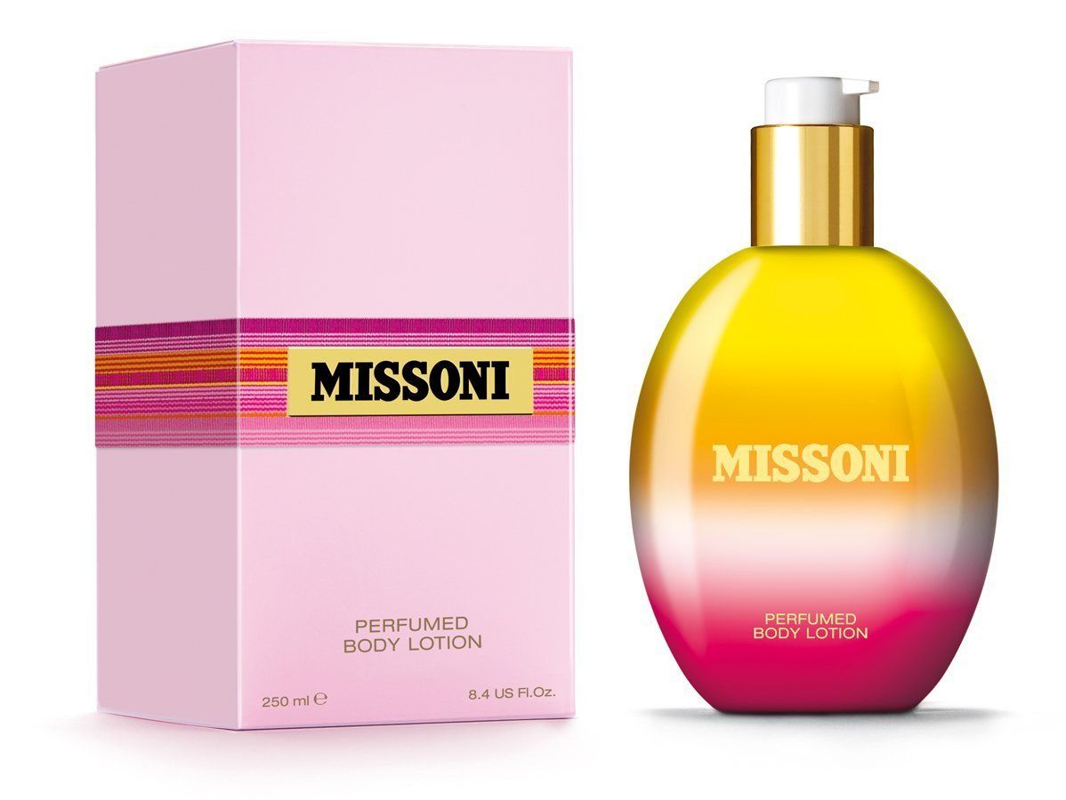 Flacone di lozione corpo profumata Missoni con scatola, giallo, rosa, oro.