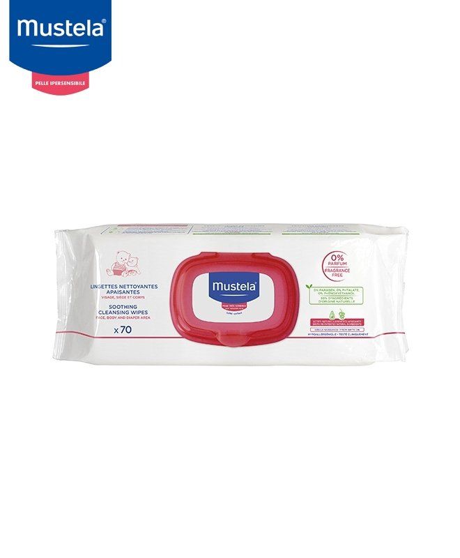 Confezione di salviette umidificate Mustela per neonati con coperchio rosso.