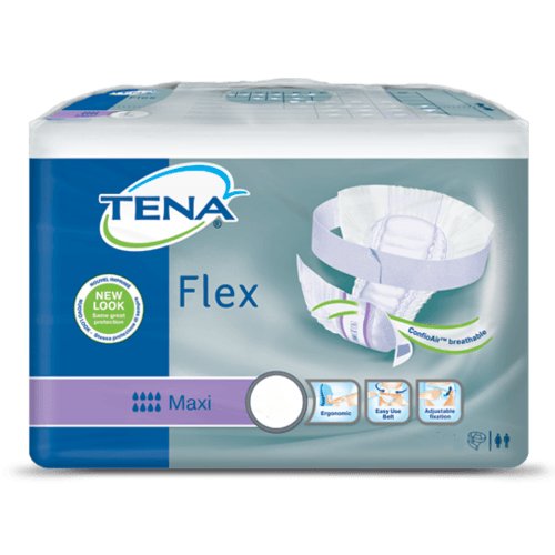 Confezione di mutande per incontinenza TENA Flex Maxi con illustrazione del prodotto e delle sue caratteristiche. Confezione blu, bianca e viola.