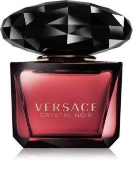 Flacone di profumo Versace Crystal Noir, in vetro rosso scuro con tappo nero sfaccettato.