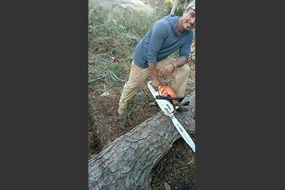 Man with chainsaw on log in a grassy area.