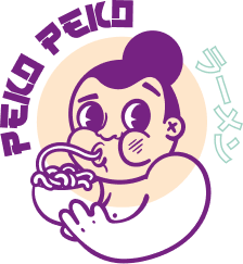 Figura de desenho animado roxa comendo ramen; texto