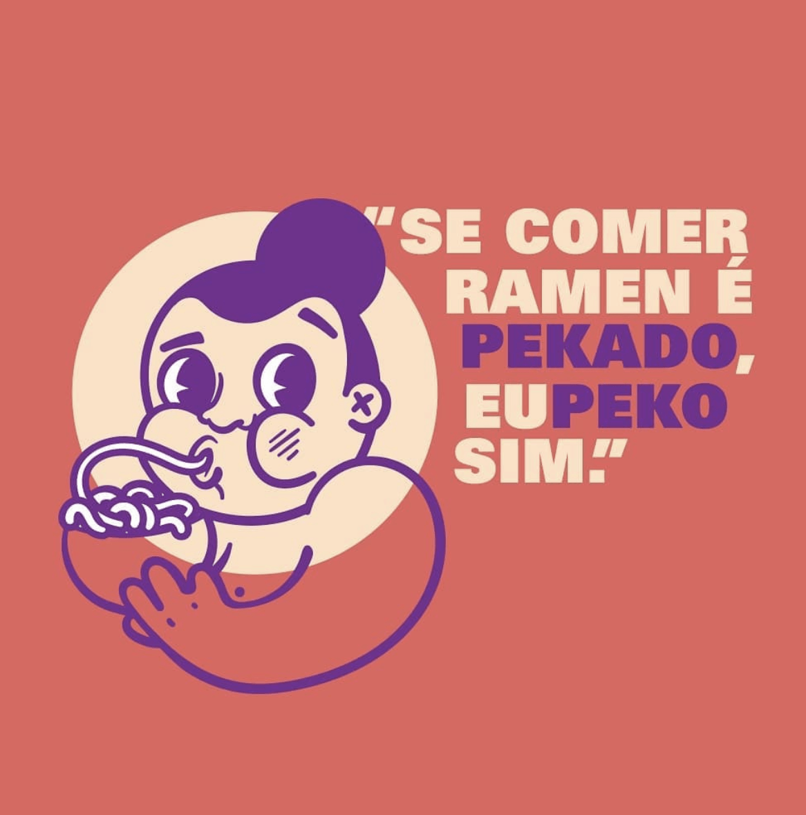 Pessoa de desenho animado comendo lámen, com a citação