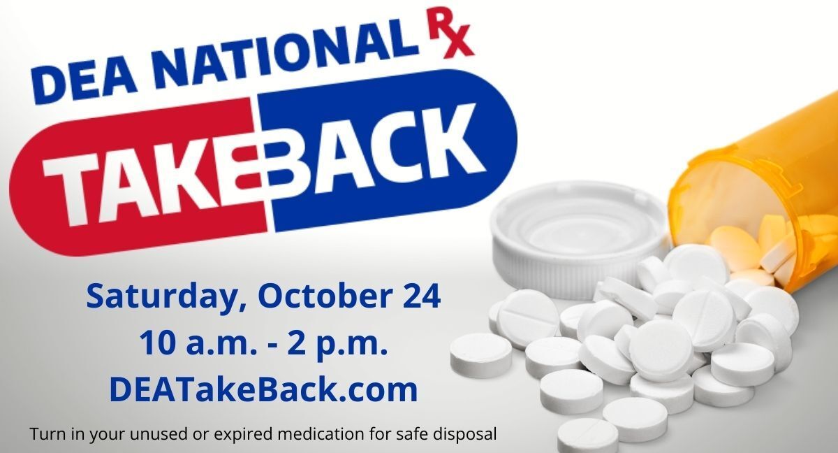 Graphic of spilled medication container on right side and text on left side that reads 