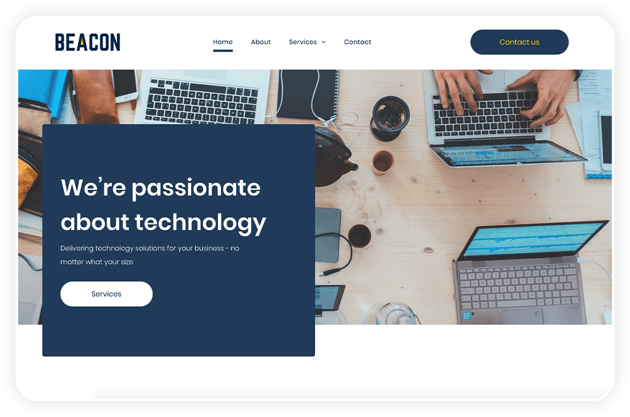 Website landing page for Beacon. Dark blue box with text 