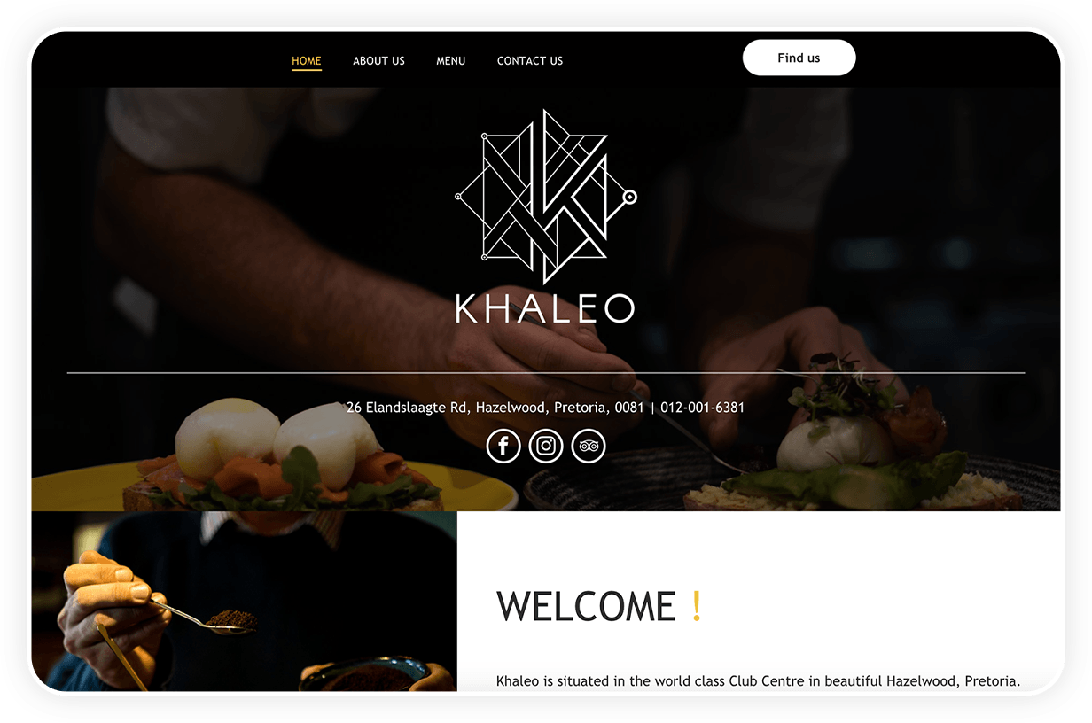 Website for Khaleo restaurant, featuring logo, dishes, and welcome message.