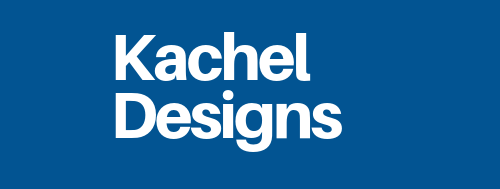 The logo for kachel designs is on a blue background.