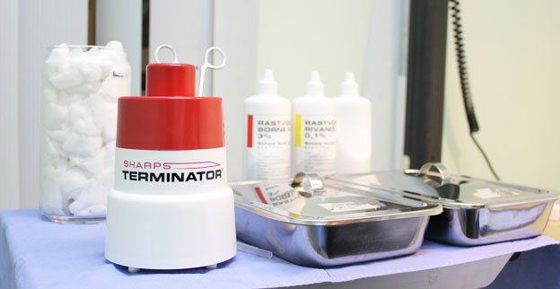SHARPS TERMINATOR® is the only safe, and effective way to totally destroy the needle at the point of procedure