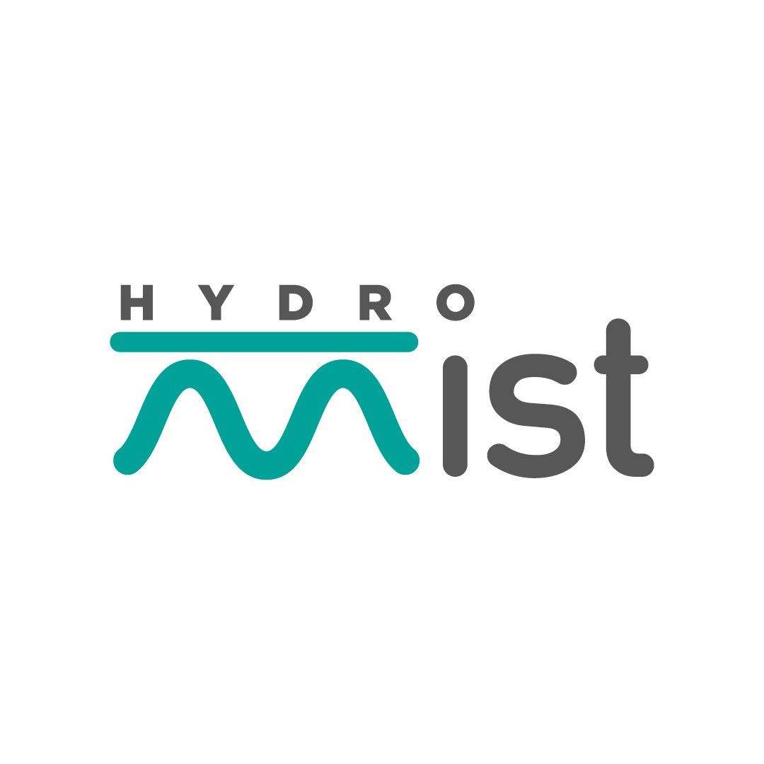 Logo for Hydro Mist, text in gray and teal; stylized “Mist” word has a wavy teal line.