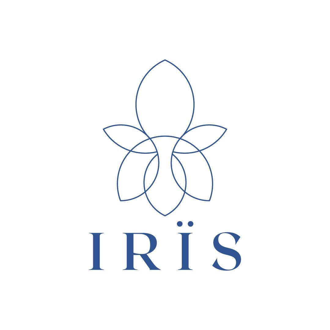 Blue line art logo with flower design above the word IRIS in blue.